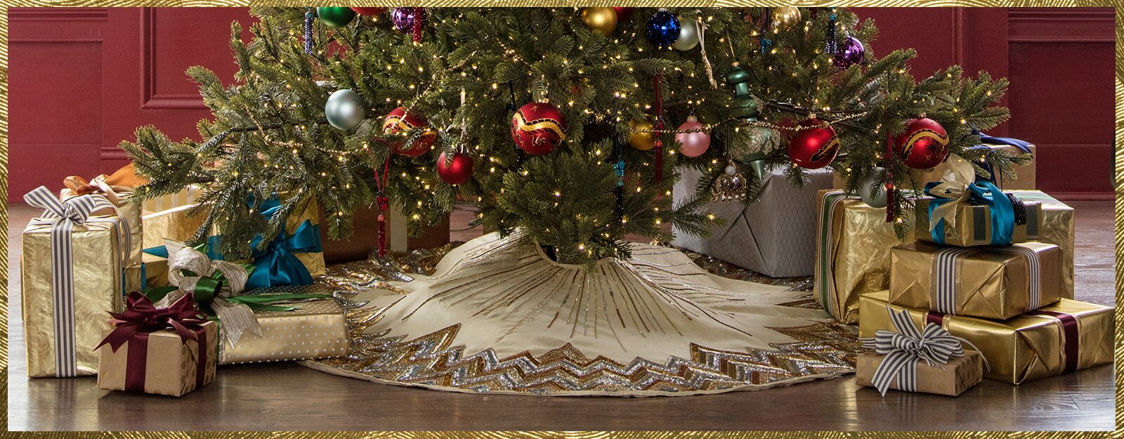 Hand Beaded Metallic Starburst French Vanilla Silk Christmas Tree Skirt 60"/72"
