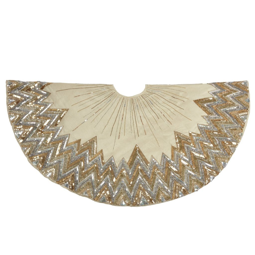 Hand Beaded Metallic Starburst French Vanilla Silk Christmas Tree Skirt 60"/72"