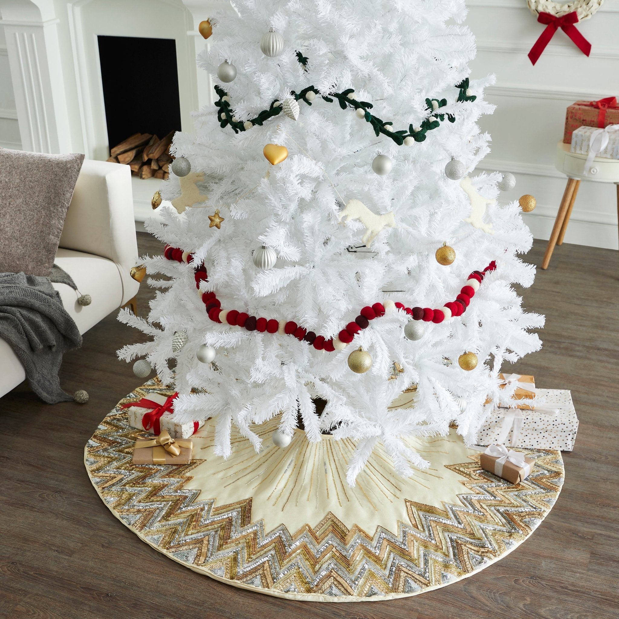 Hand Beaded Metallic Starburst French Vanilla Silk Christmas Tree Skirt 60"/72"