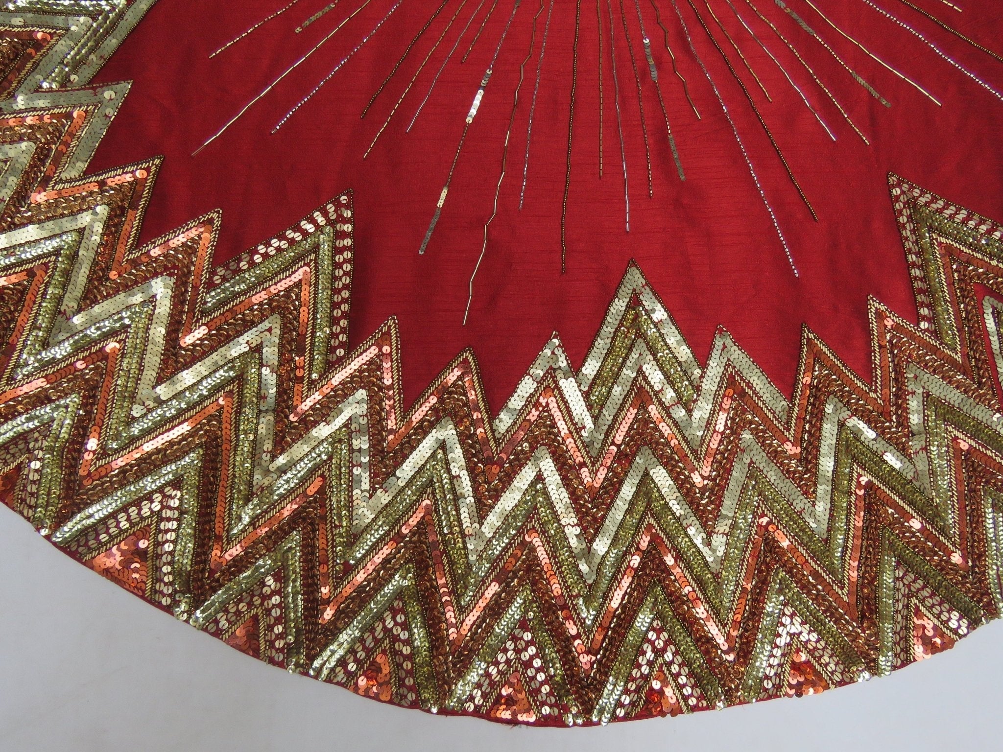 Hand Beaded Metallic Starburst Garnet Red Christmas Tree Skirt 60"