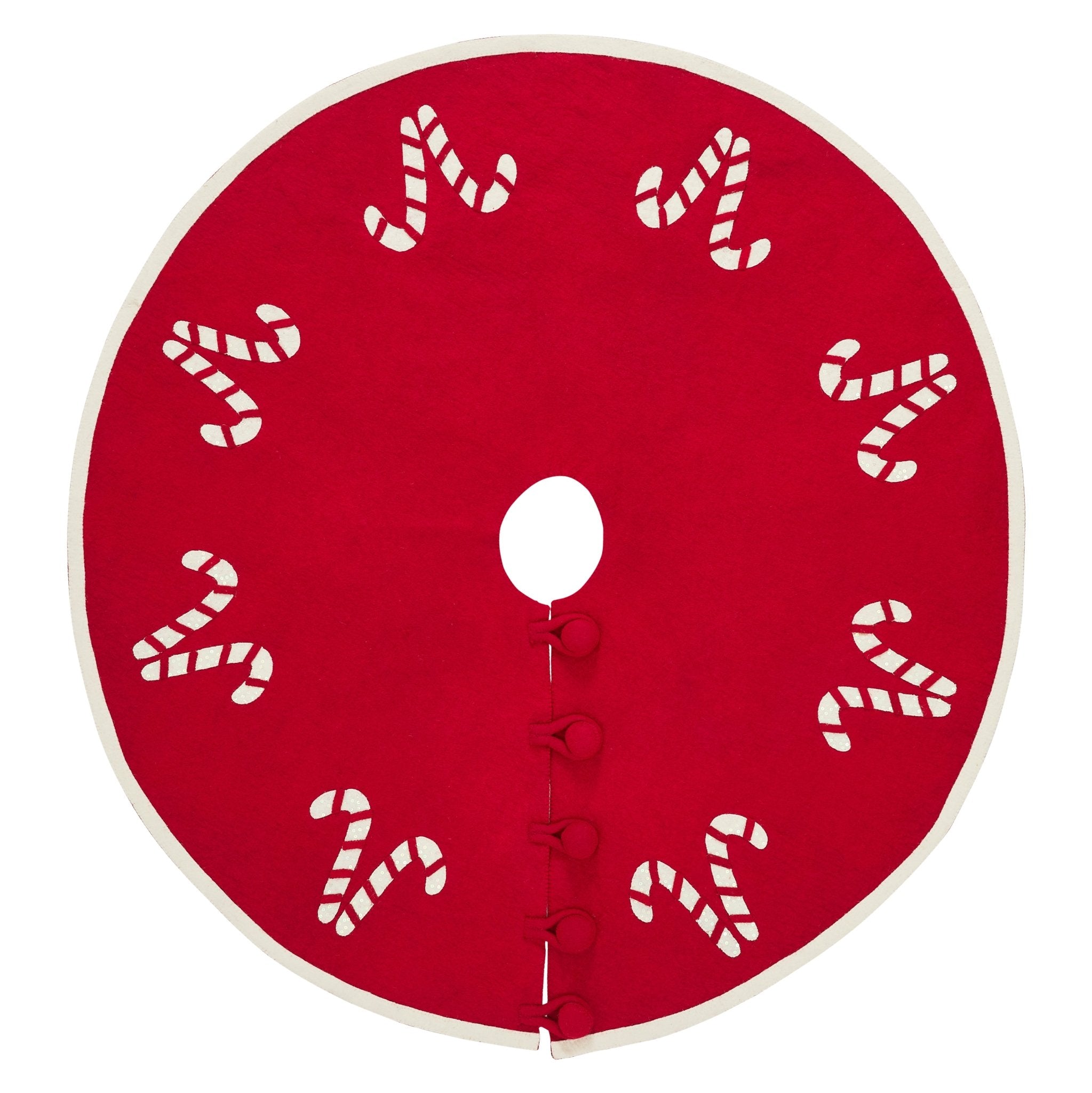 Handmade Christmas Tree Skirt In Felt - Candy Canes On Red - 60"
