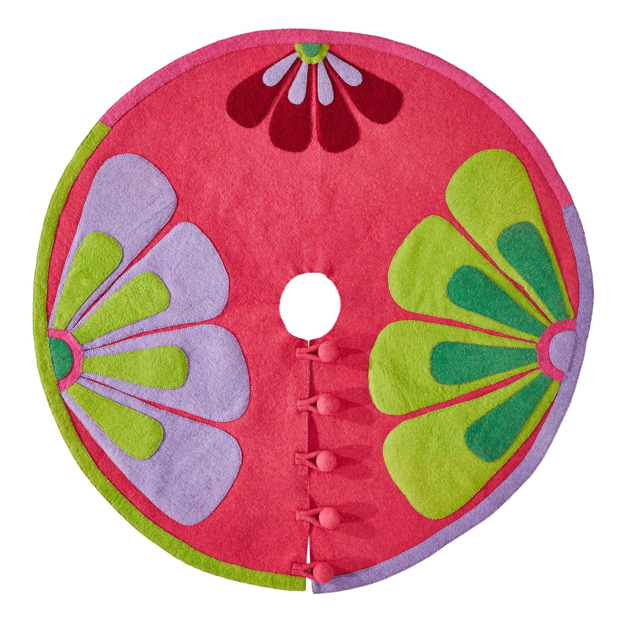 Handmade Christmas Tree Skirt In Felt - Flowers On Pink - 60"
