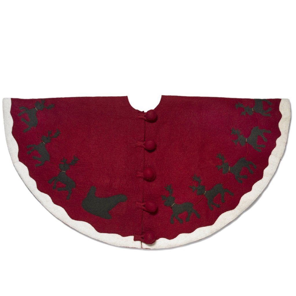 Handmade Christmas Tree Skirt In Felt - Sleigh And Reindeer On Red - 60"