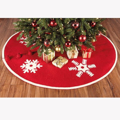 Handmade Christmas Tree Skirt In Felt - Snowflakes On Red - 60"