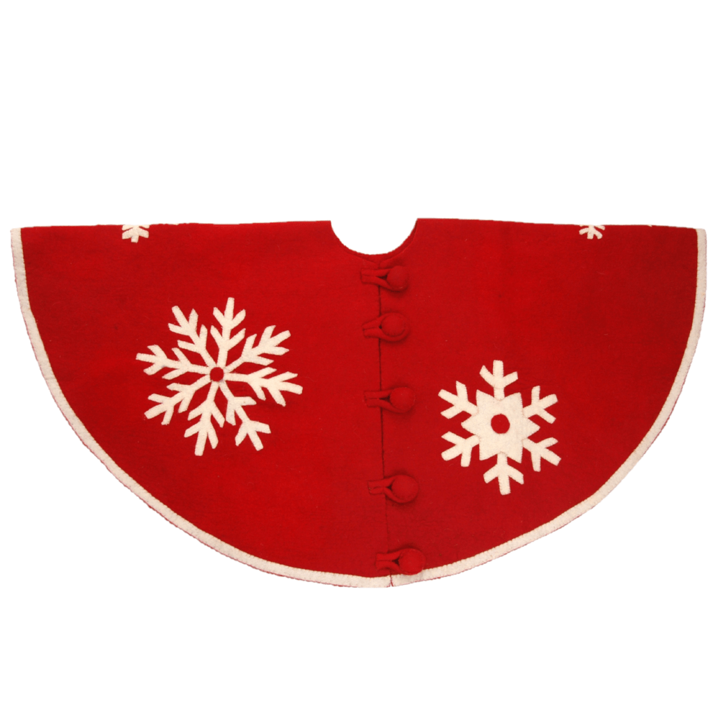 Handmade Christmas Tree Skirt In Felt - Snowflakes On Red - 60"