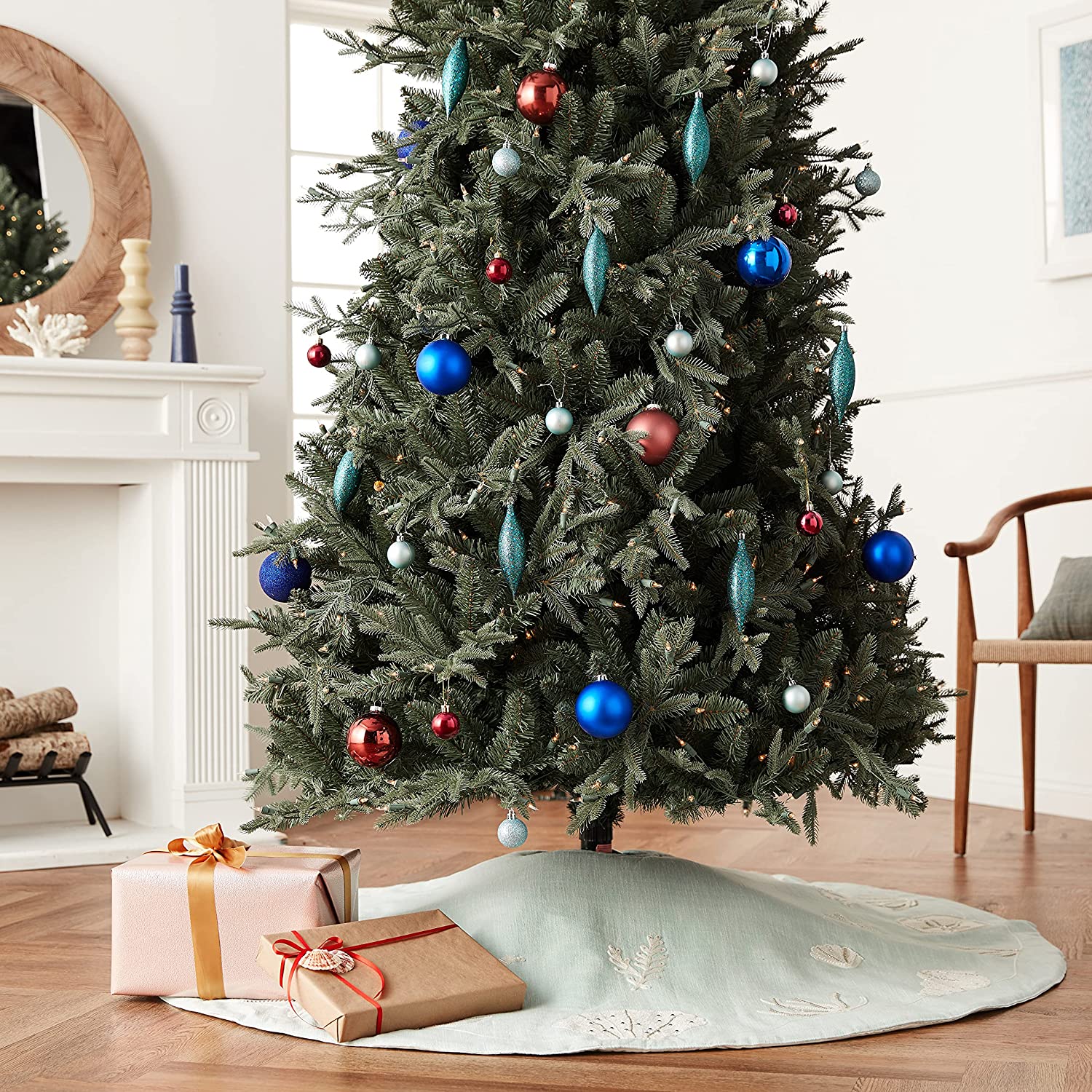 Handmade Seashells Light Blue Cotton Christmas Tree Skirt 60"