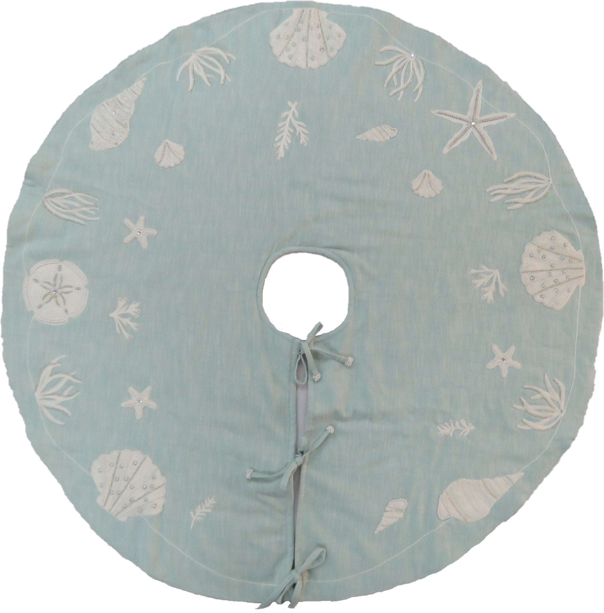 Handmade Seashells Light Blue Cotton Christmas Tree Skirt 60"
