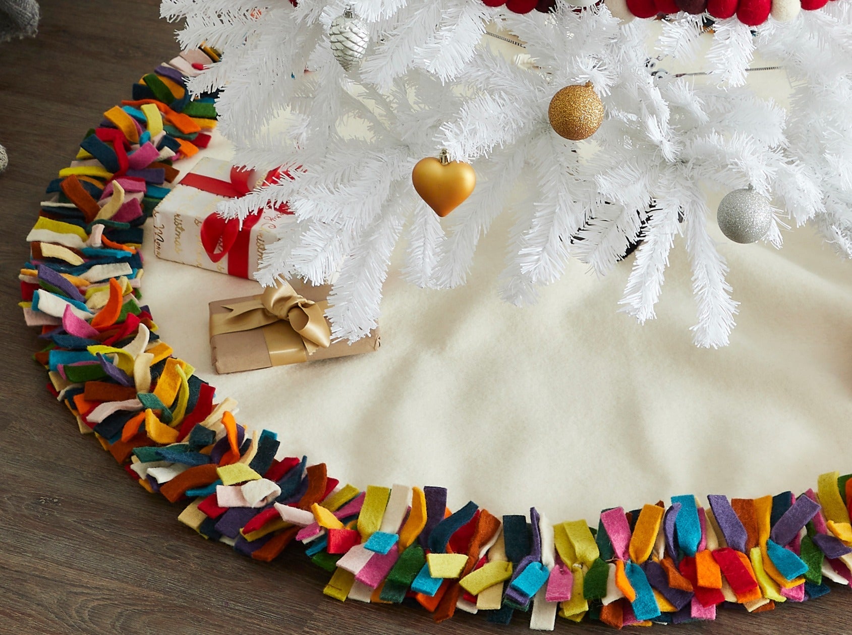 Handmade Felt Christmas Tree Skirt - Multicolor Fringe Border On Cream - 64"