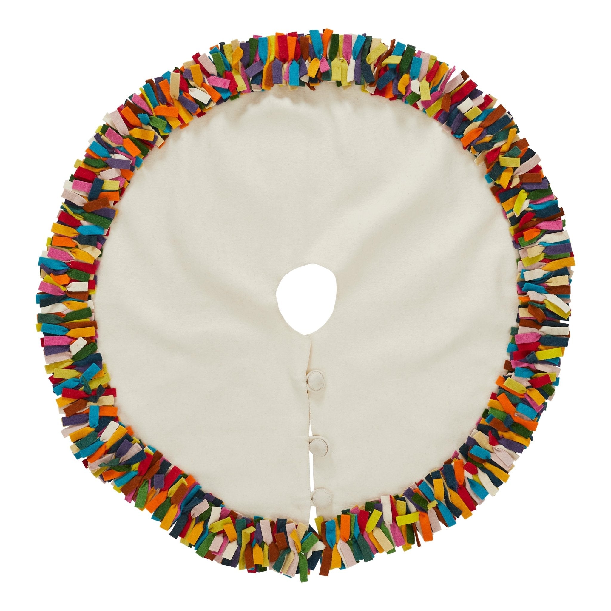Handmade Felt Christmas Tree Skirt - Multicolor Fringe Border On Cream - 64"