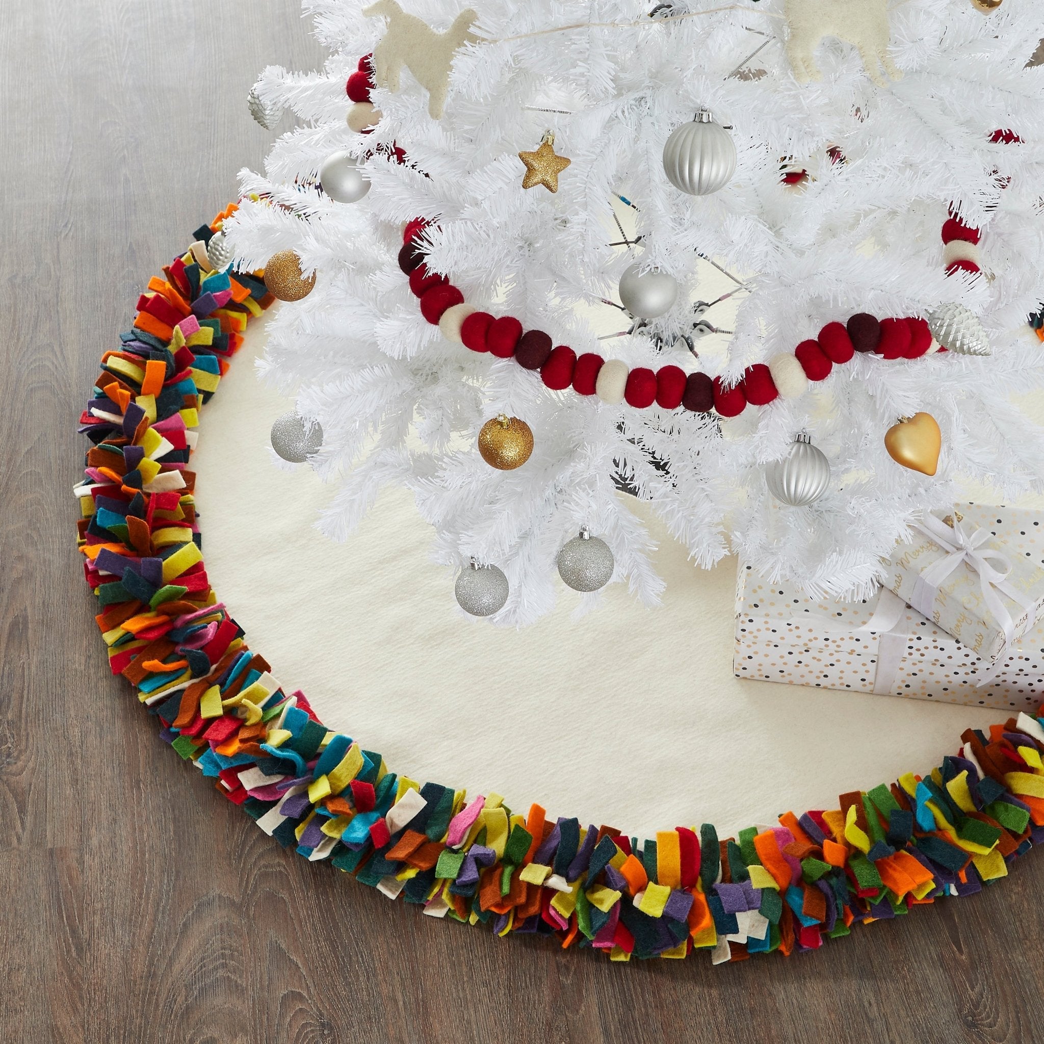 Handmade Felt Christmas Tree Skirt - Multicolor Fringe Border On Cream - 64"