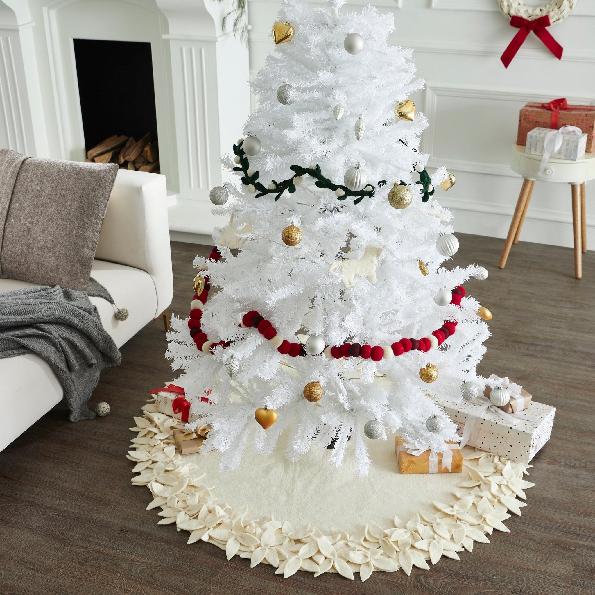Handmade Felted Wool Overlapping Flowers Border Cream Christmas Tree Skirt 26"/48"/64"/72"