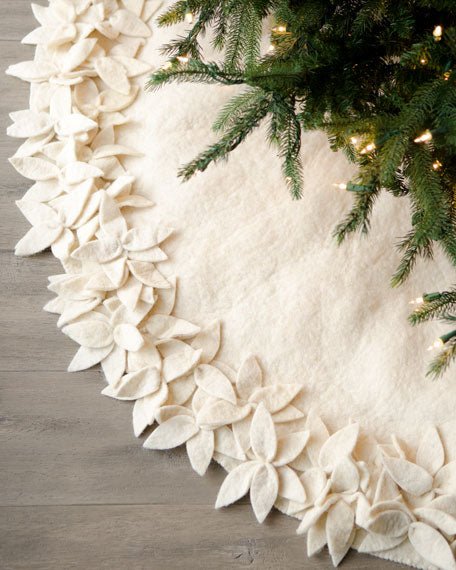 Handmade Felted Wool Overlapping Flowers Border Cream Christmas Tree Skirt 26"/48"/64"/72"