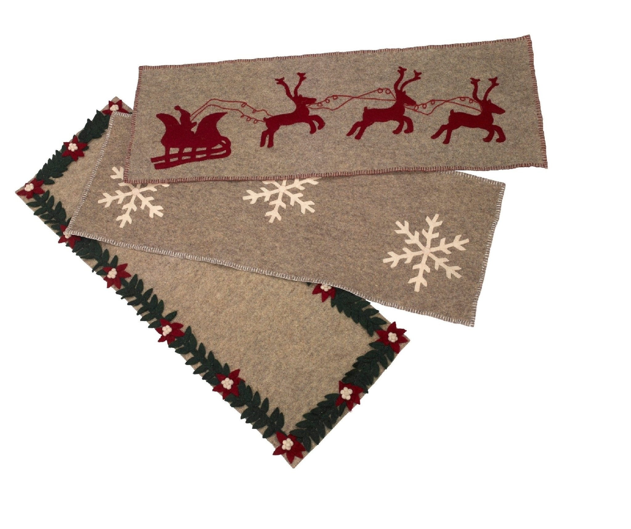 Gray Hand Felted Wool Christmas Table Runner - Snowflakes - 16"x44"
