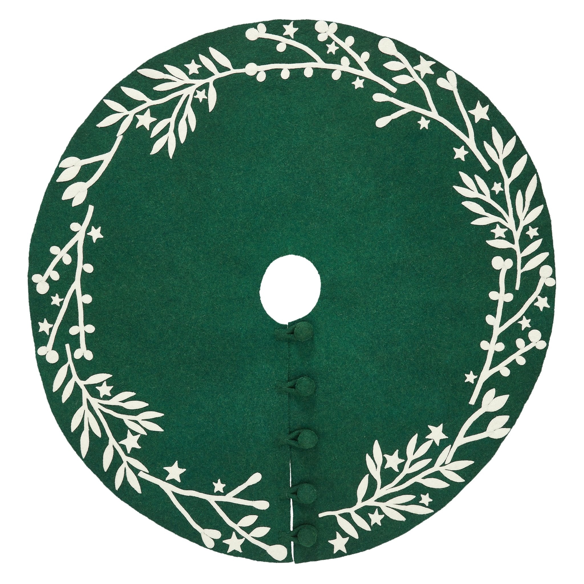 Handmade Felt Cream Branches And Stars Green Christmas Tree Skirt 60"
