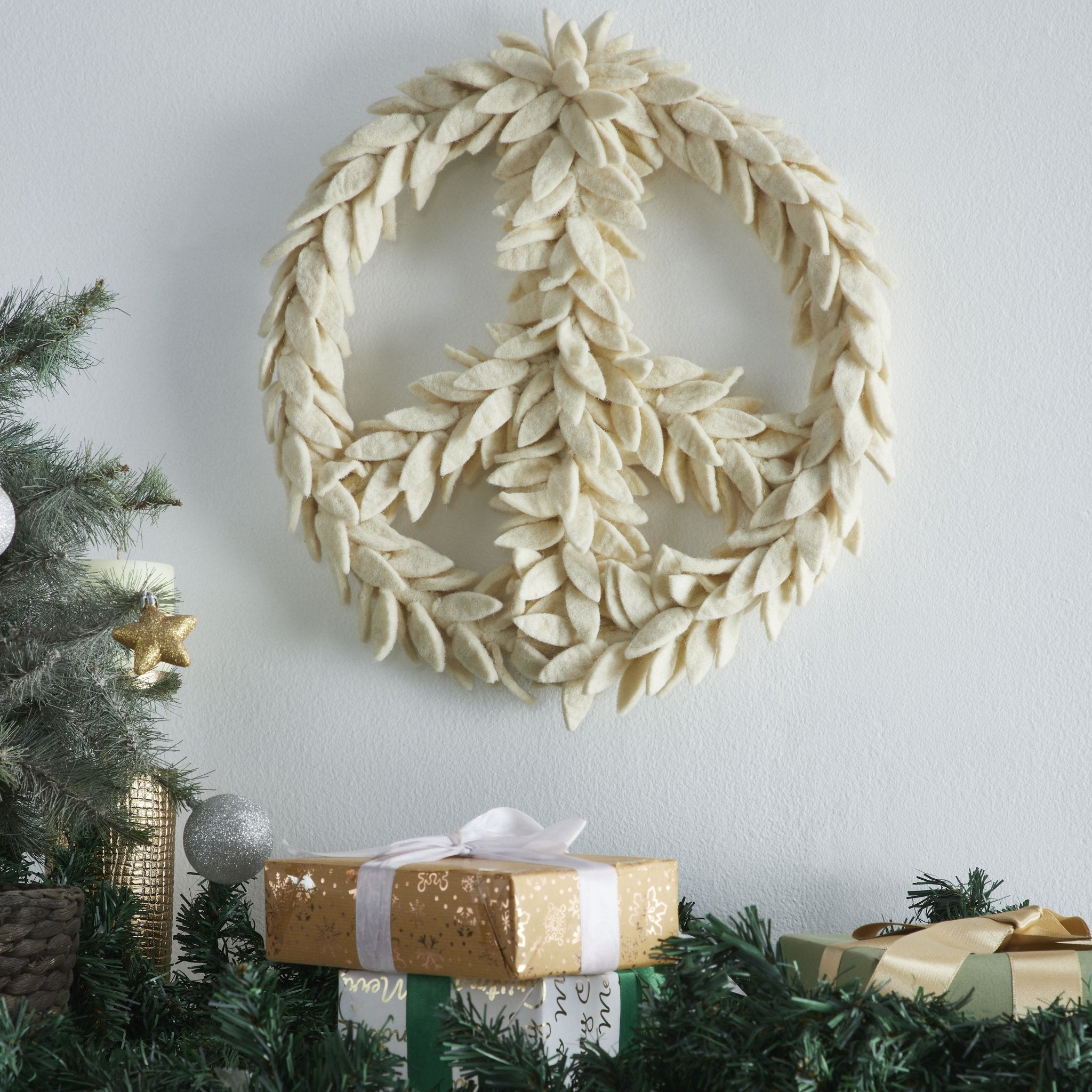 Handmade Hand Felted Wool Wreath - Peace Symbol Cream - 14"
