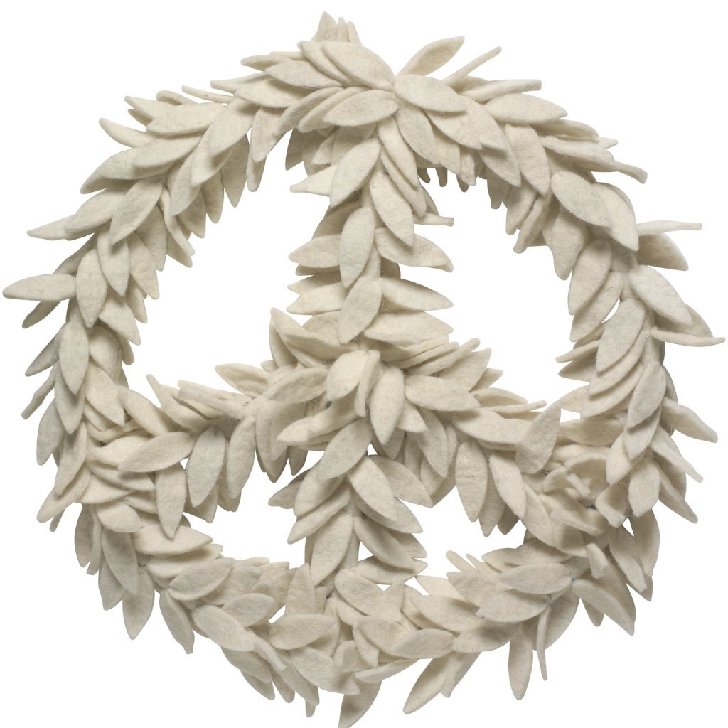 Handmade Hand Felted Wool Wreath - Peace Symbol Cream - 14"