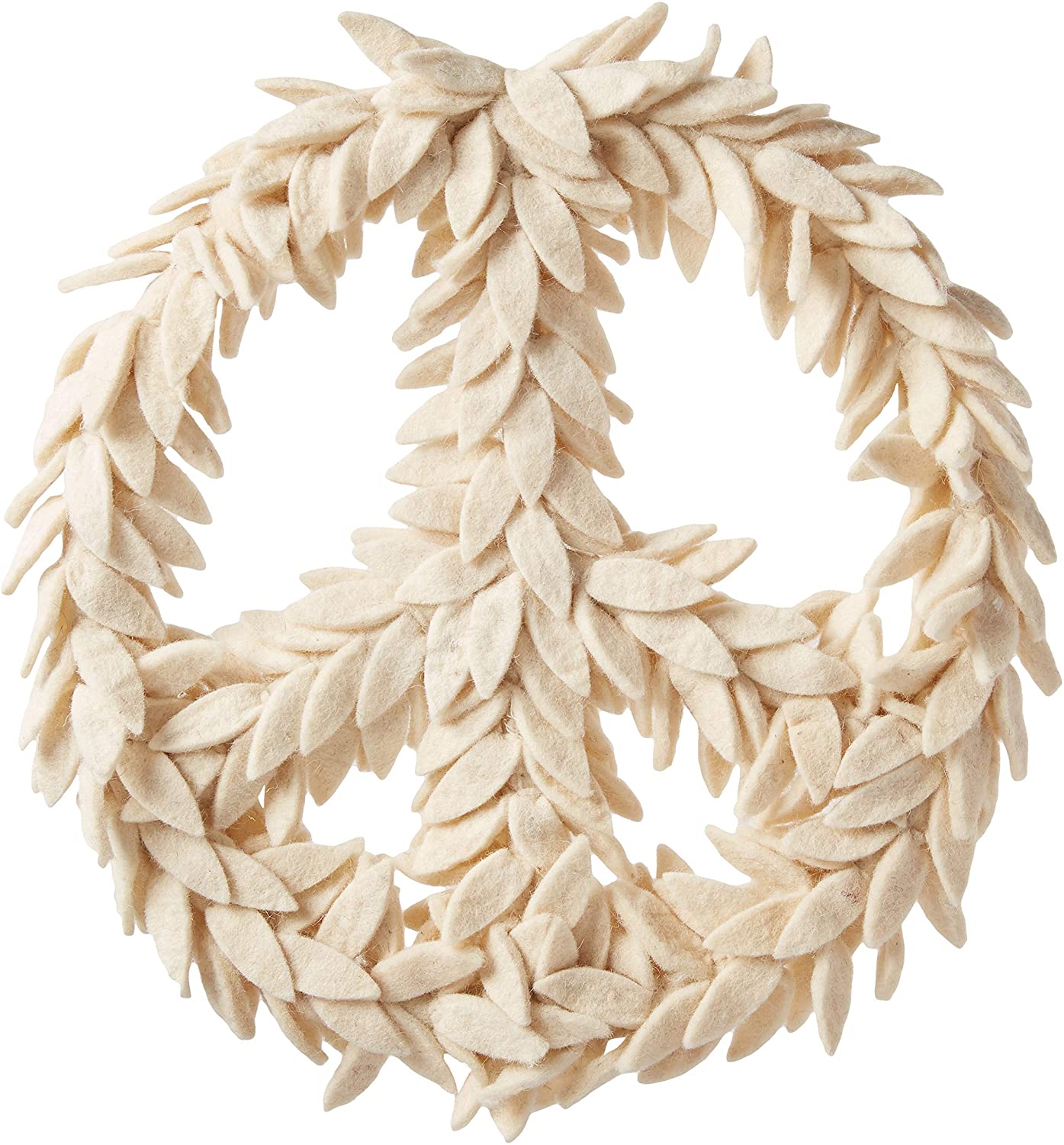 Handmade Hand Felted Wool Wreath - Peace Symbol Cream - 14"