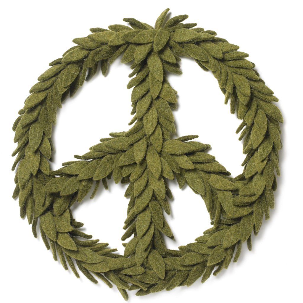 Handmade Hand Felted Wool Wreath - Peace Symbol Green - 14"