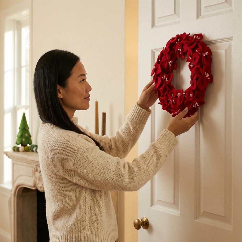 Handmade Hand Felted Wool Wreath - Red Amaryllis Flowers - 14"