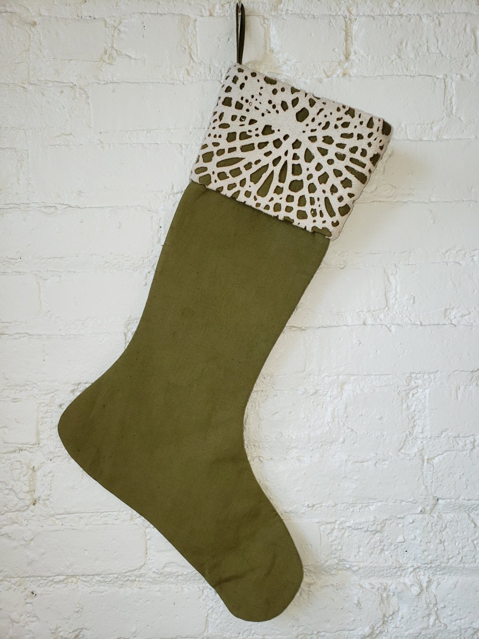 Handmade Precision-cut Cuff Christmas Stocking - Cream Green