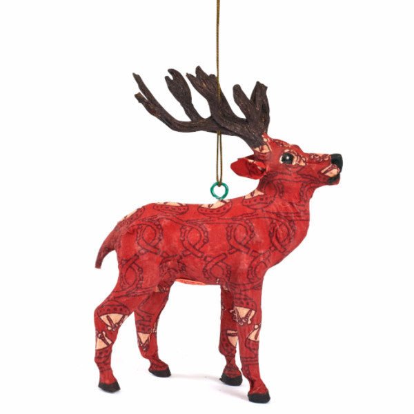 Handmade Paper Mache Red Reindeer Christmas Ornament