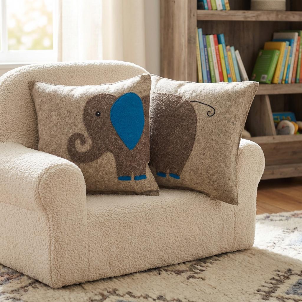 Handmade Pillow In Hand Felted Wool - Blue Elephant On Gray - 18"