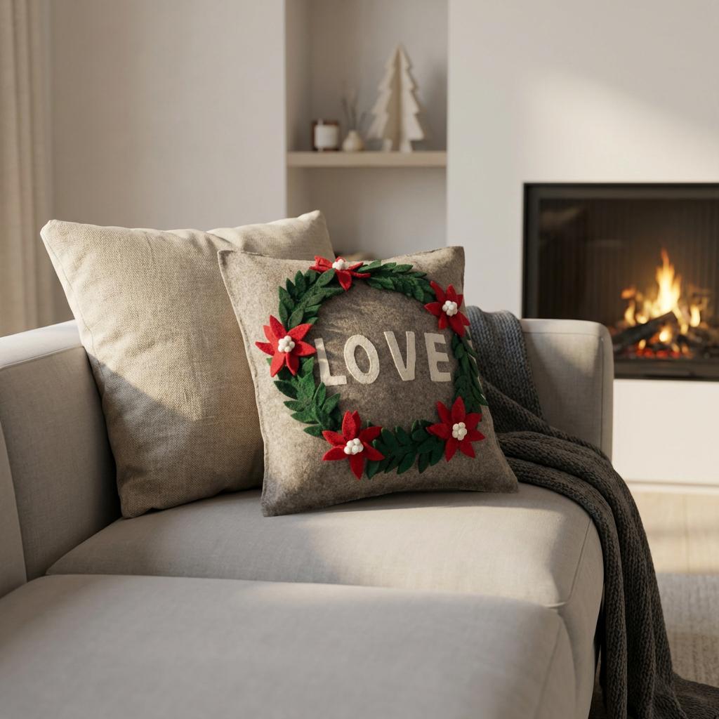Handmade Pillow Hand Felted Wool - Love Wreath Gray - 20"