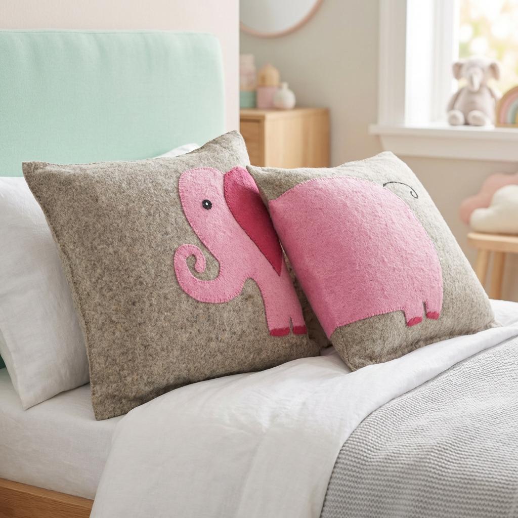 Handmade Pillow In Hand Felted Wool - Pink Elephant On Gray - 18"