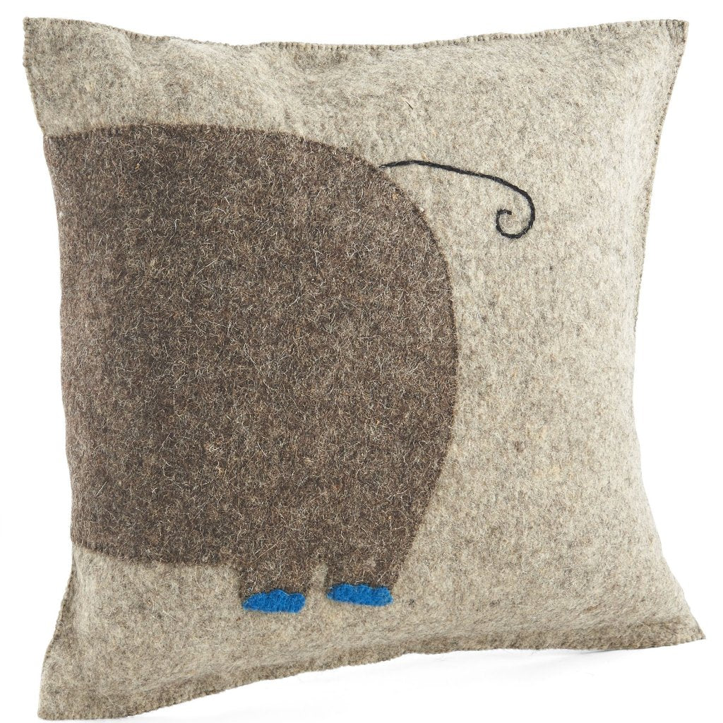 Handmade Pillow In Hand Felted Wool - Blue Elephant On Gray - 18"