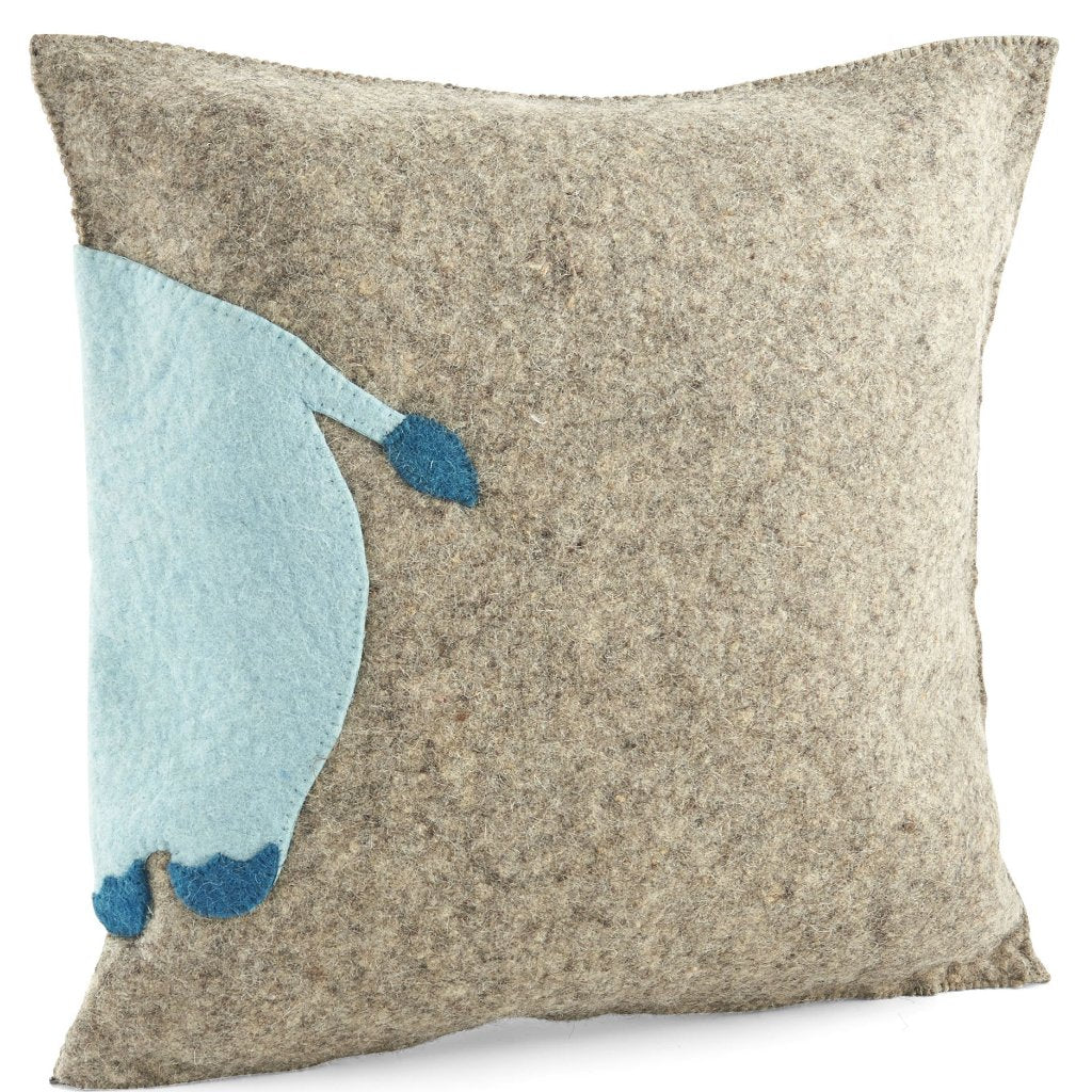 Handmade Pillow In Hand Felted Wool - Blue Hippo On Gray - 18"