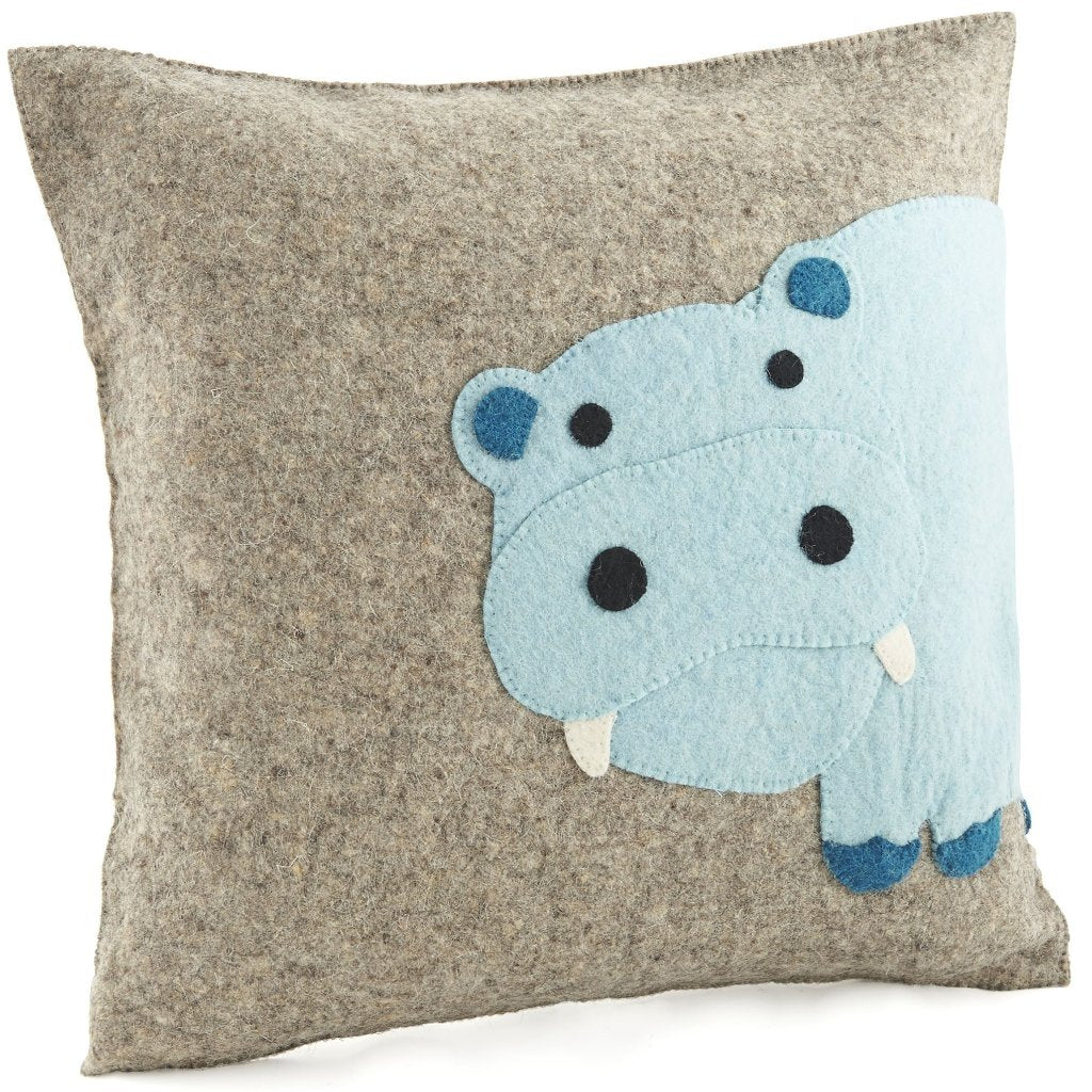Handmade Pillow In Hand Felted Wool - Blue Hippo On Gray - 18"