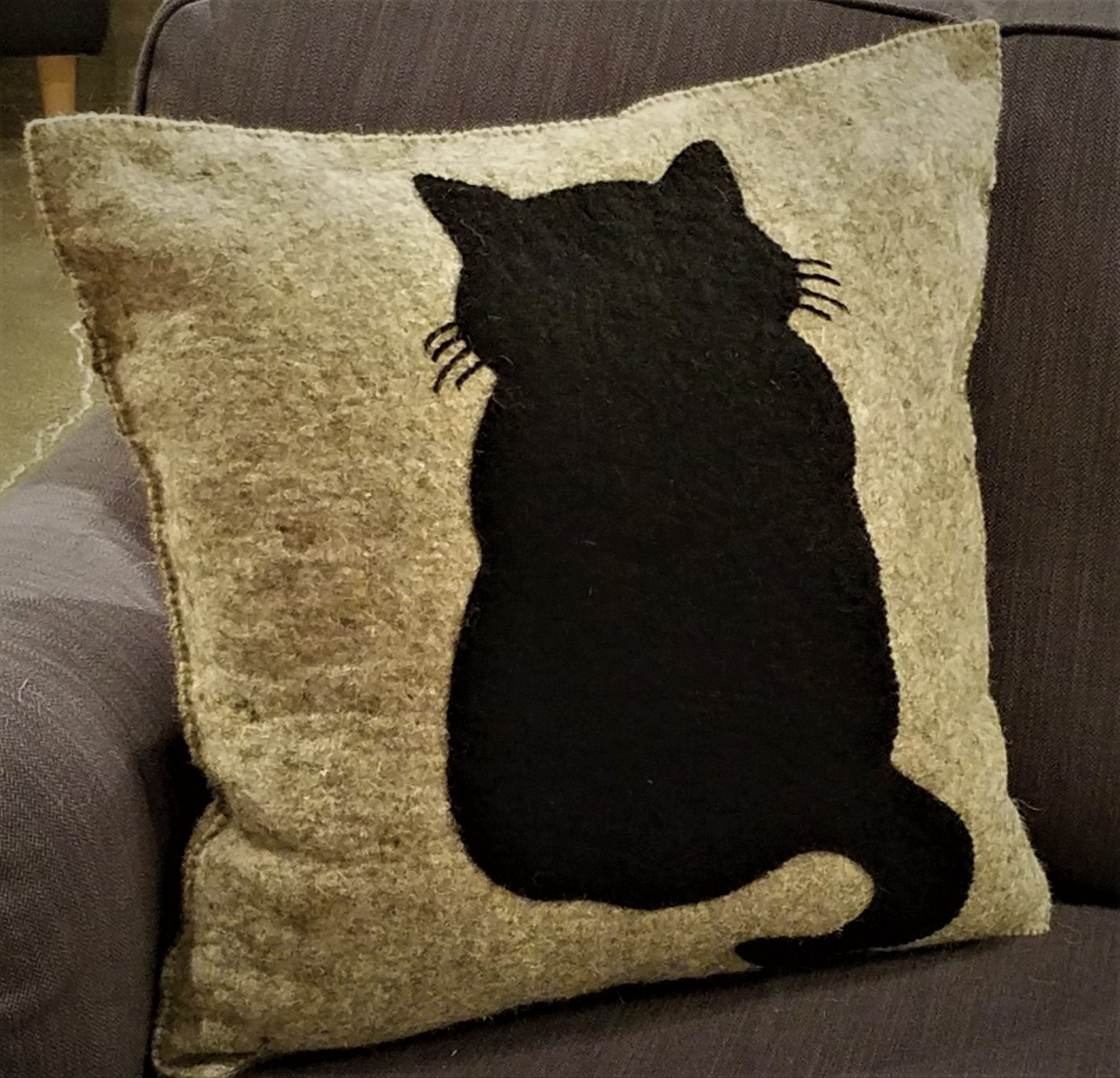 Handmade Pillow Hand Felted Wool - Cat Gray - 20"