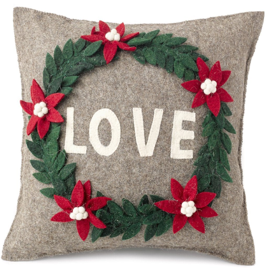 Handmade Pillow Hand Felted Wool - Love Wreath Gray - 20"