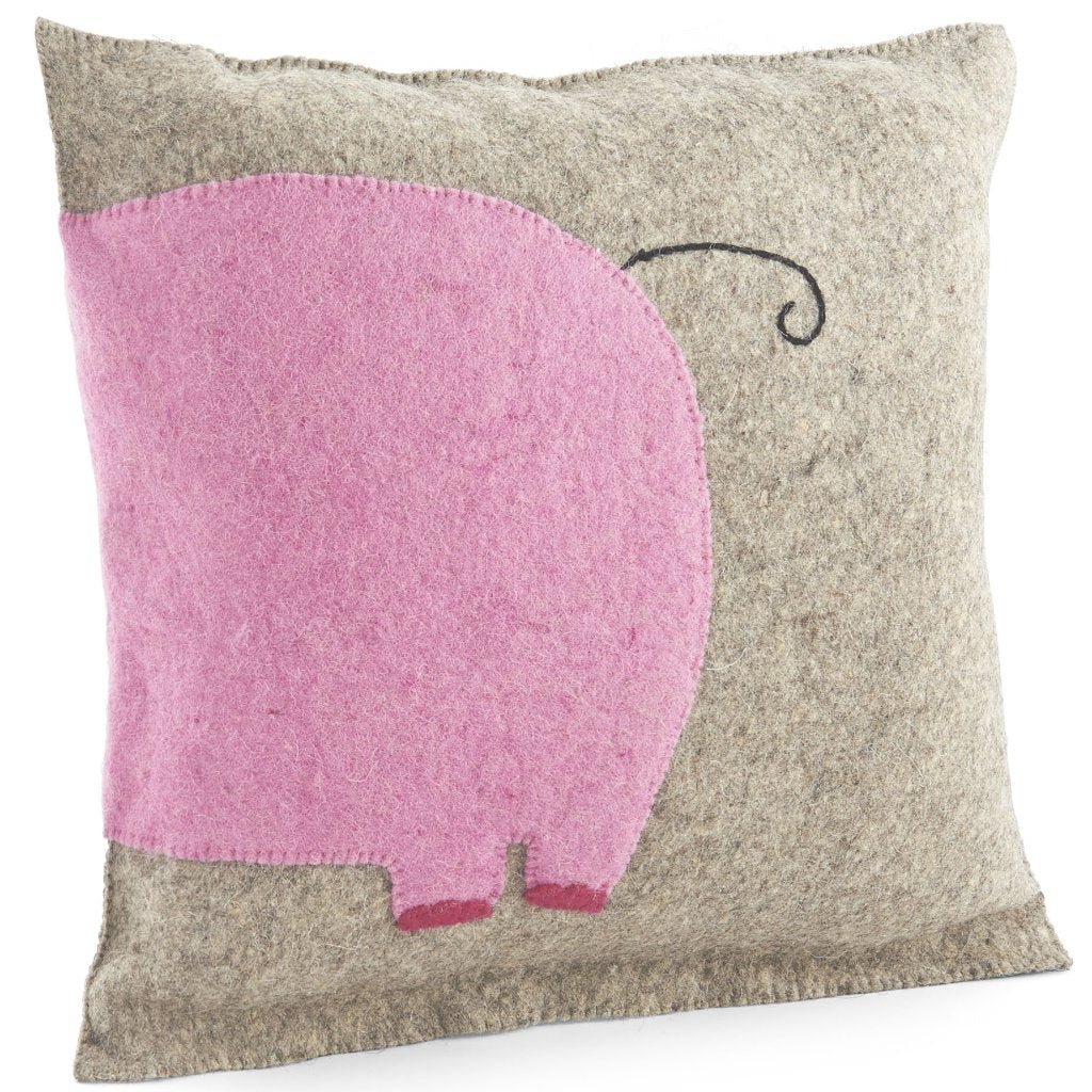 Handmade Pillow In Hand Felted Wool - Pink Elephant On Gray - 18"