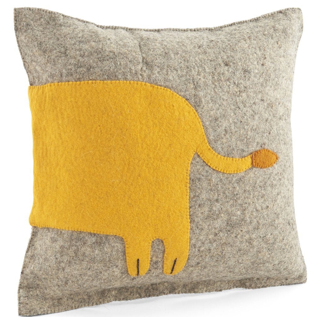 Handmade Pillow In Hand Felted Wool - Yellow Lion On Gray - 18"