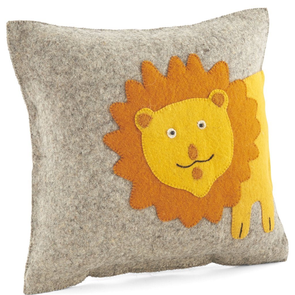 Handmade Pillow In Hand Felted Wool - Yellow Lion On Gray - 18"