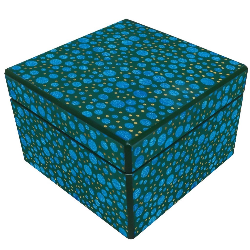 Handmade Reverse Painted Mirror Square Box Blue Dots - Medium