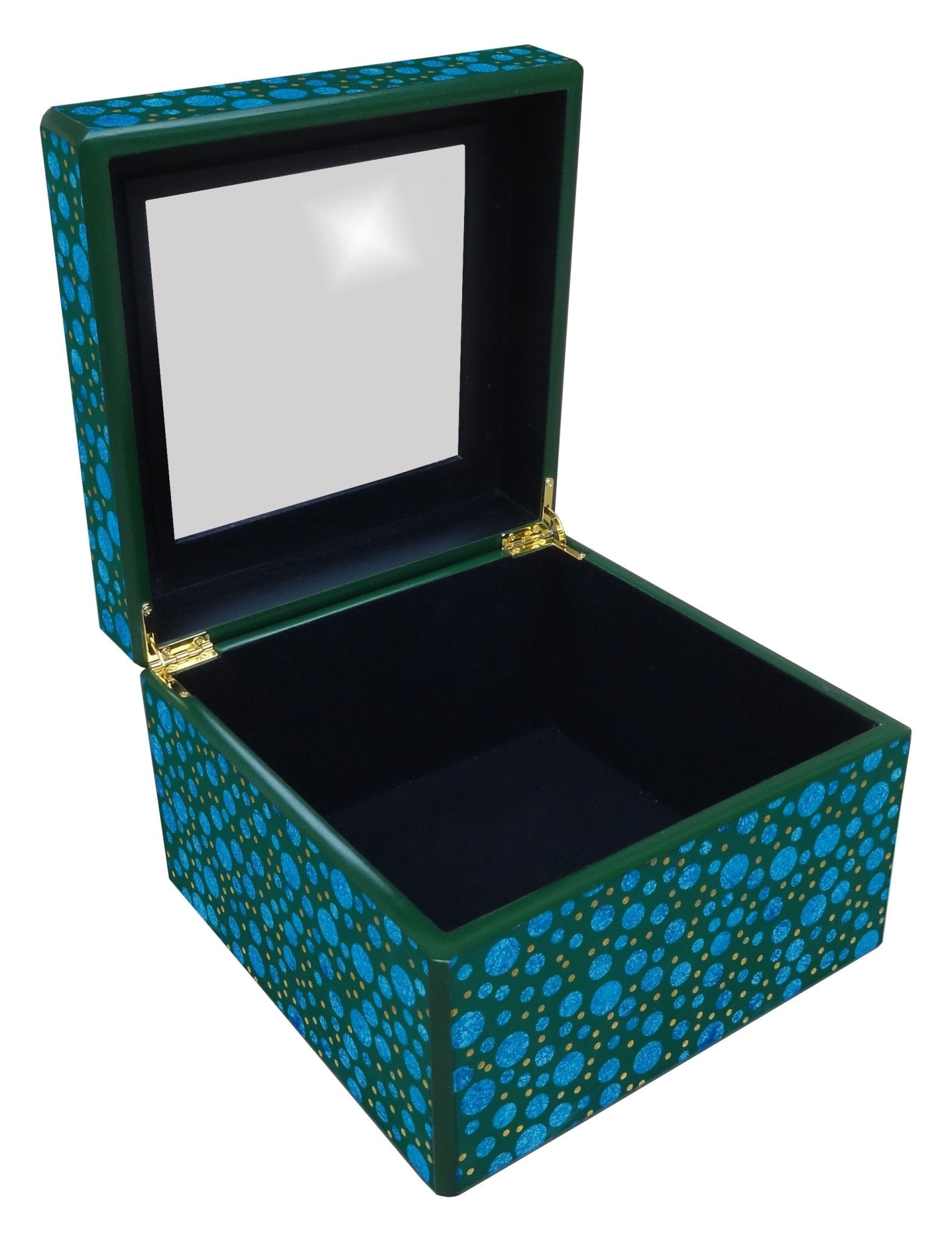 Handmade Reverse Painted Mirror Square Box Blue Dots - Medium