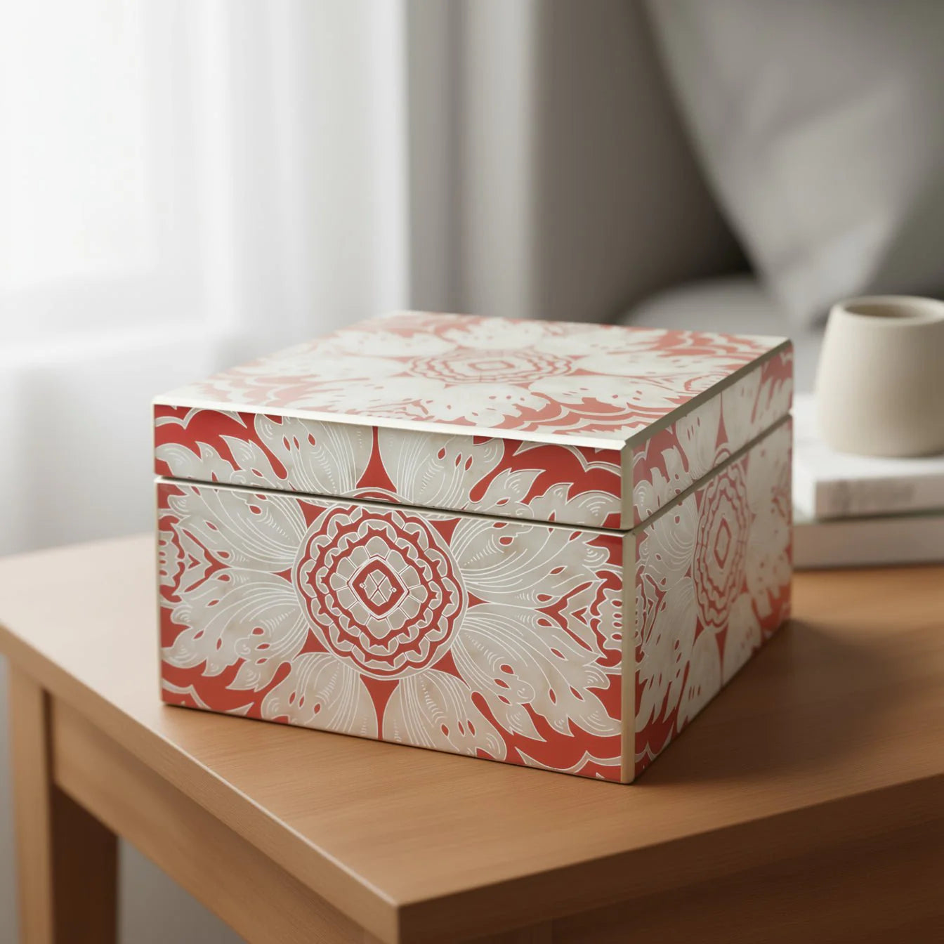 Handmade Reverse Painted Mirror Square Box Tomato Red - Medium