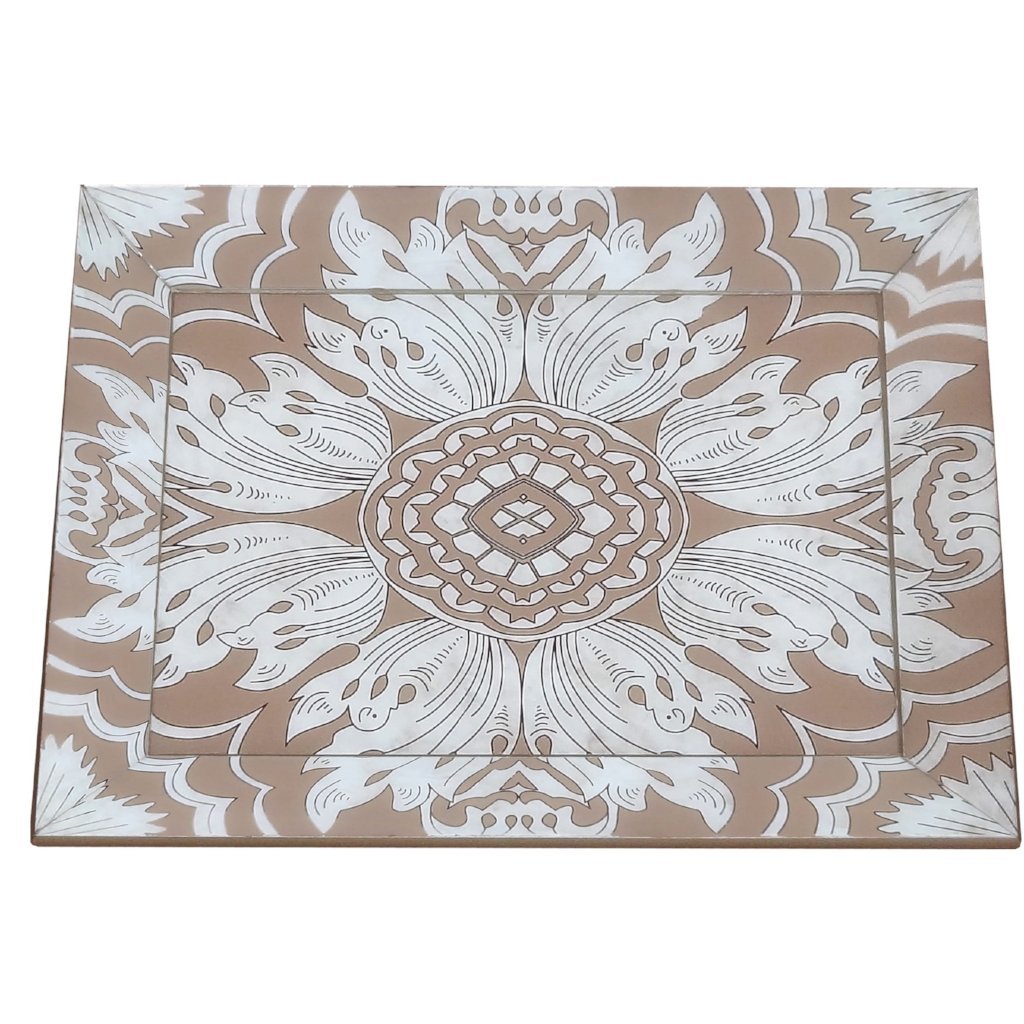 Handmade Reverse Painted Mirror Tray Beveled Edge Sand - Large