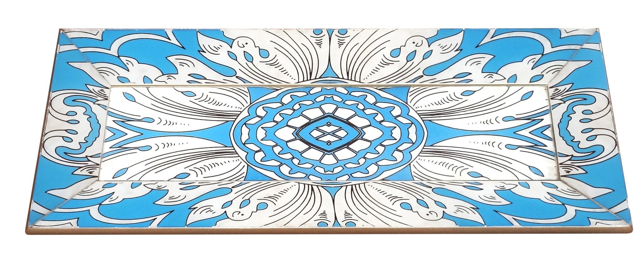 Handmade Reverse Painted Mirror Tray Beveled Edge Sky Blue - Small