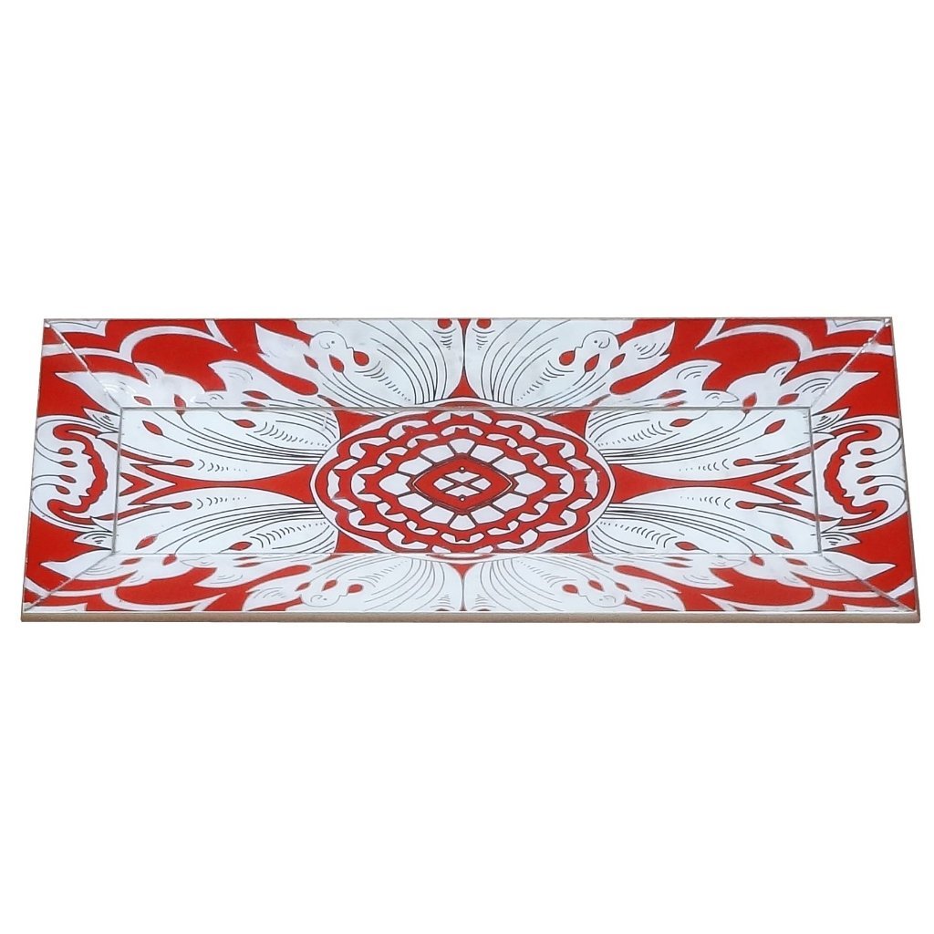 Handmade Reverse Painted Mirror Tray Beveled Edge Tomato Red - Small