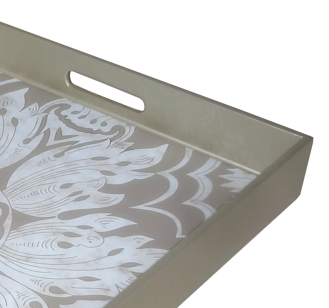 Handmade Reverse Painted Mirror Tray With Handles In Beige And Silver - Medium