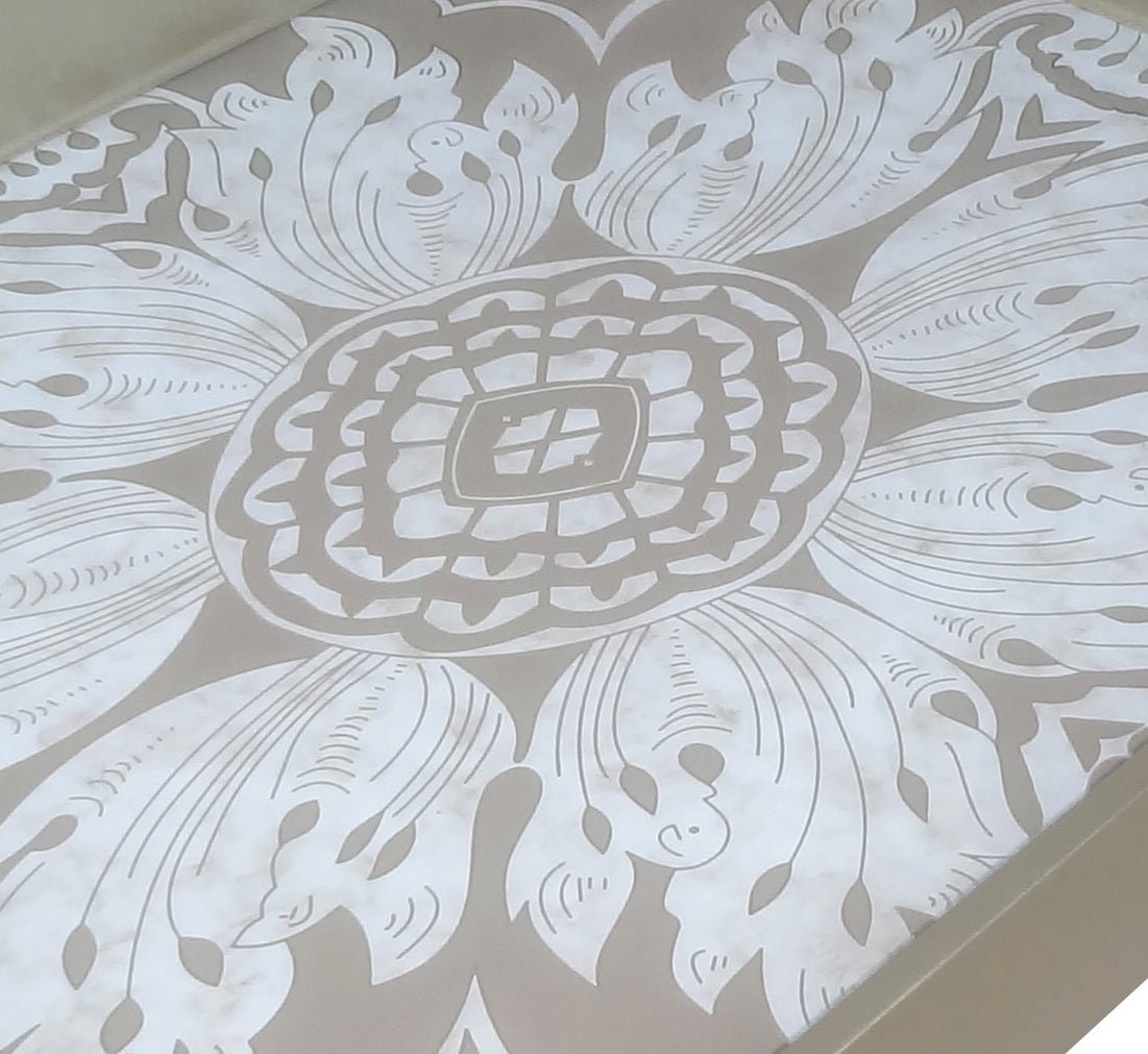 Handmade Reverse Painted Mirror Tray With Handles In Beige And Silver - Medium