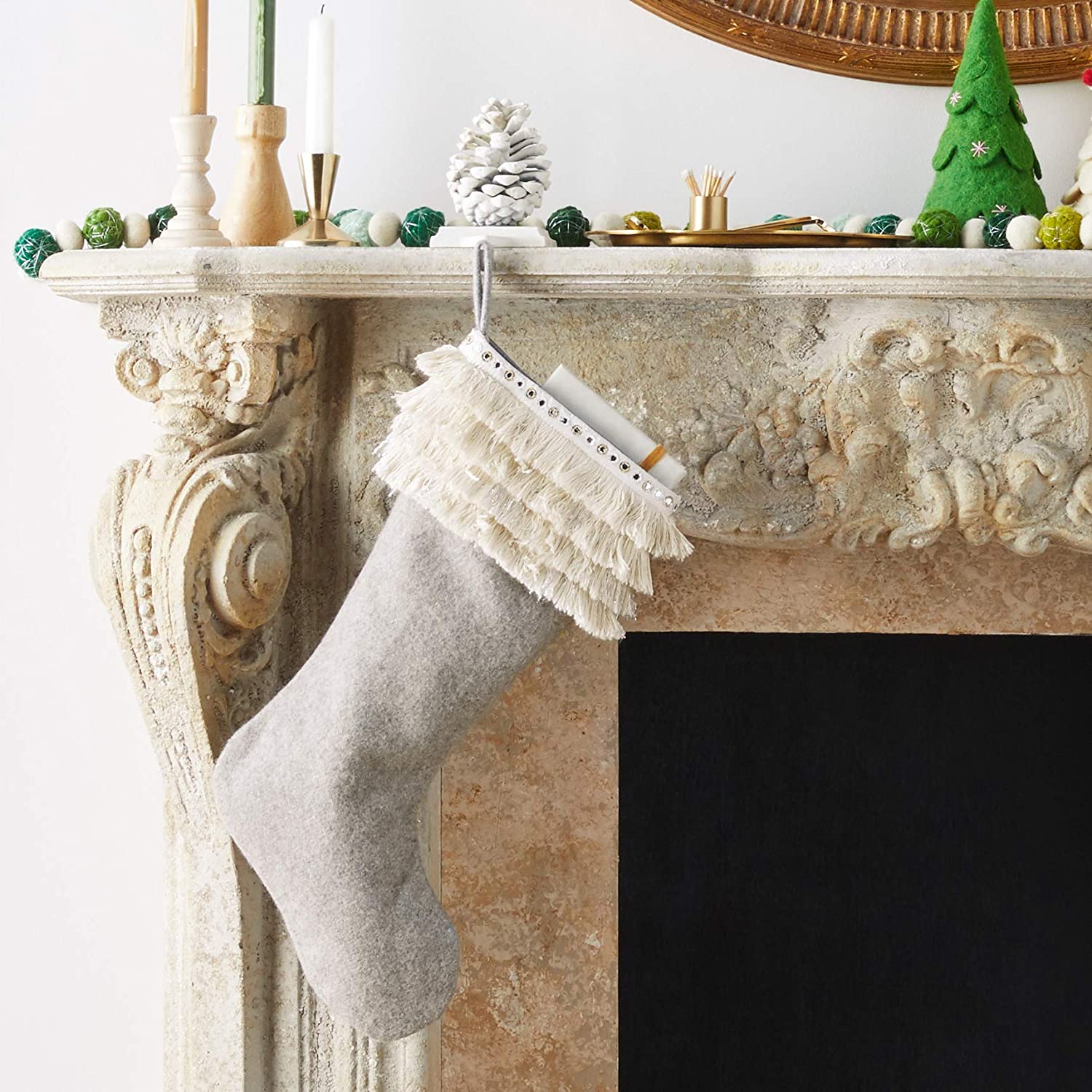 Handmade Wool Christmas Stocking - Fringe Gray