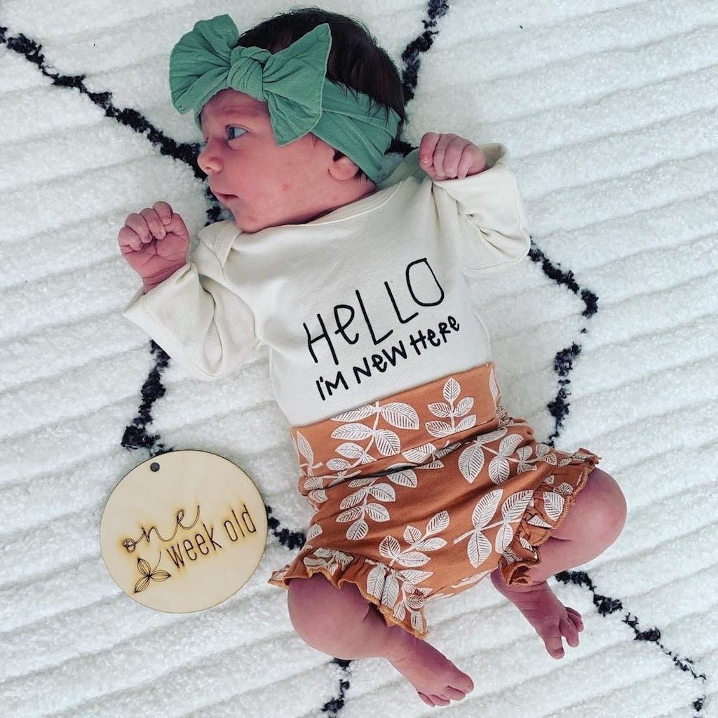 Hello I'm New Here Organic Cotton Baby Bodysuit Long Sleeve
