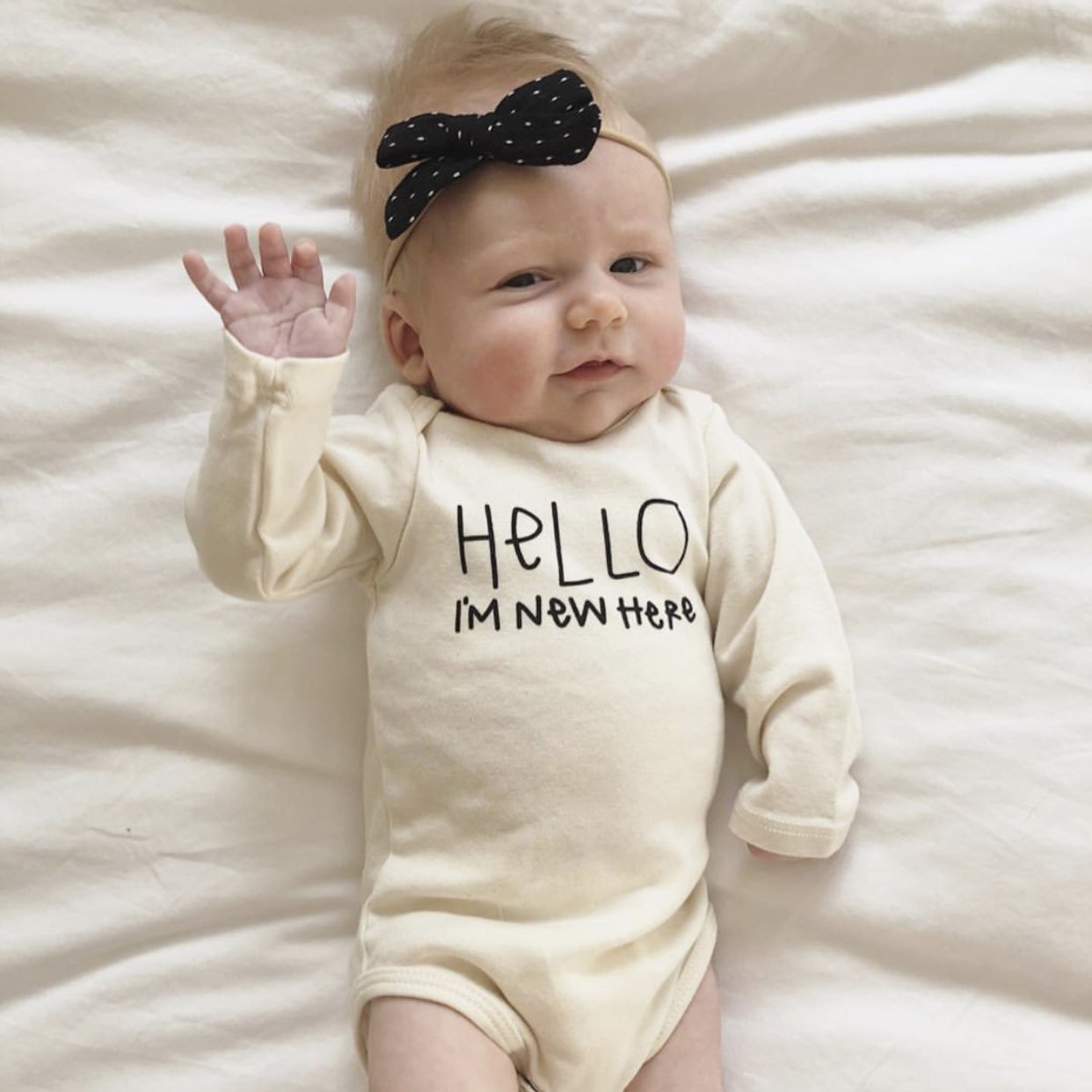 Hello I'm New Here Organic Cotton Baby Bodysuit Long Sleeve
