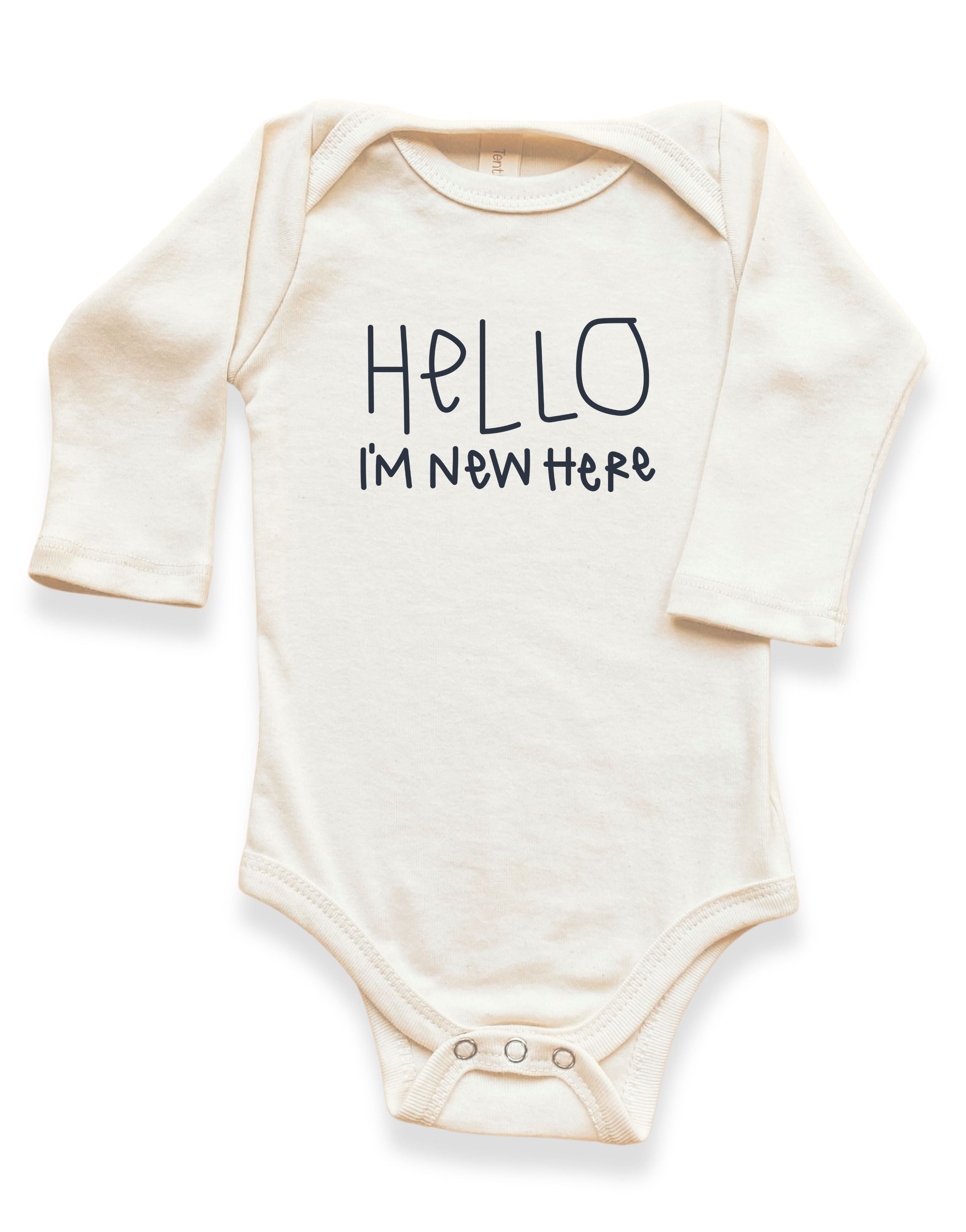 Hello I'm New Here Organic Cotton Baby Bodysuit Long Sleeve