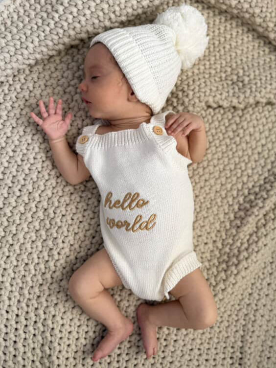 Newborn Knit Romper Set – Hello World, Little Sister And Little Brother Embroidered Baby Outfit With Hat & Booties Or Headband | Soft Coming Home Outfit