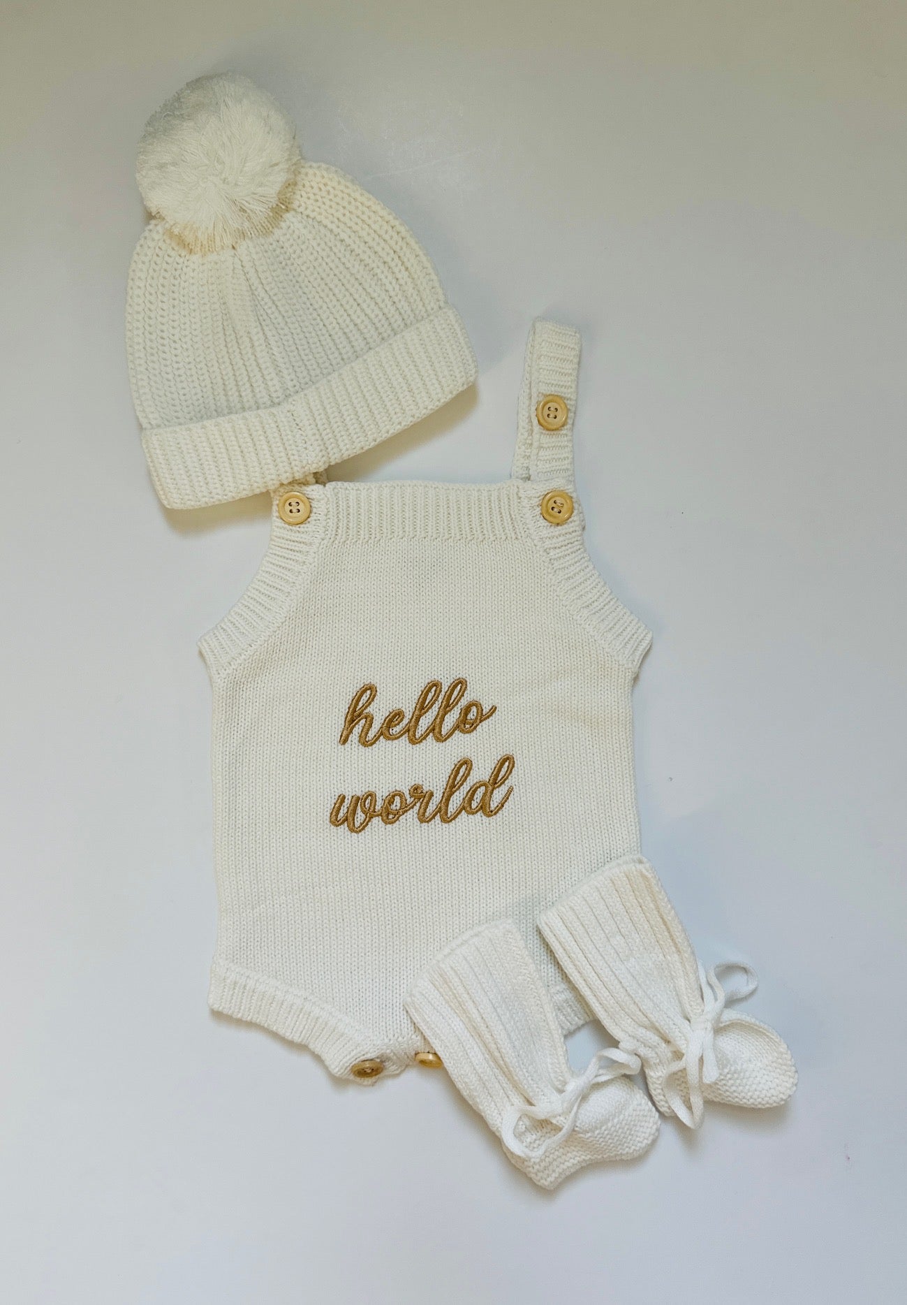 Newborn Knit Romper Set – Hello World, Little Sister And Little Brother Embroidered Baby Outfit With Hat & Booties Or Headband | Soft Coming Home Outfit